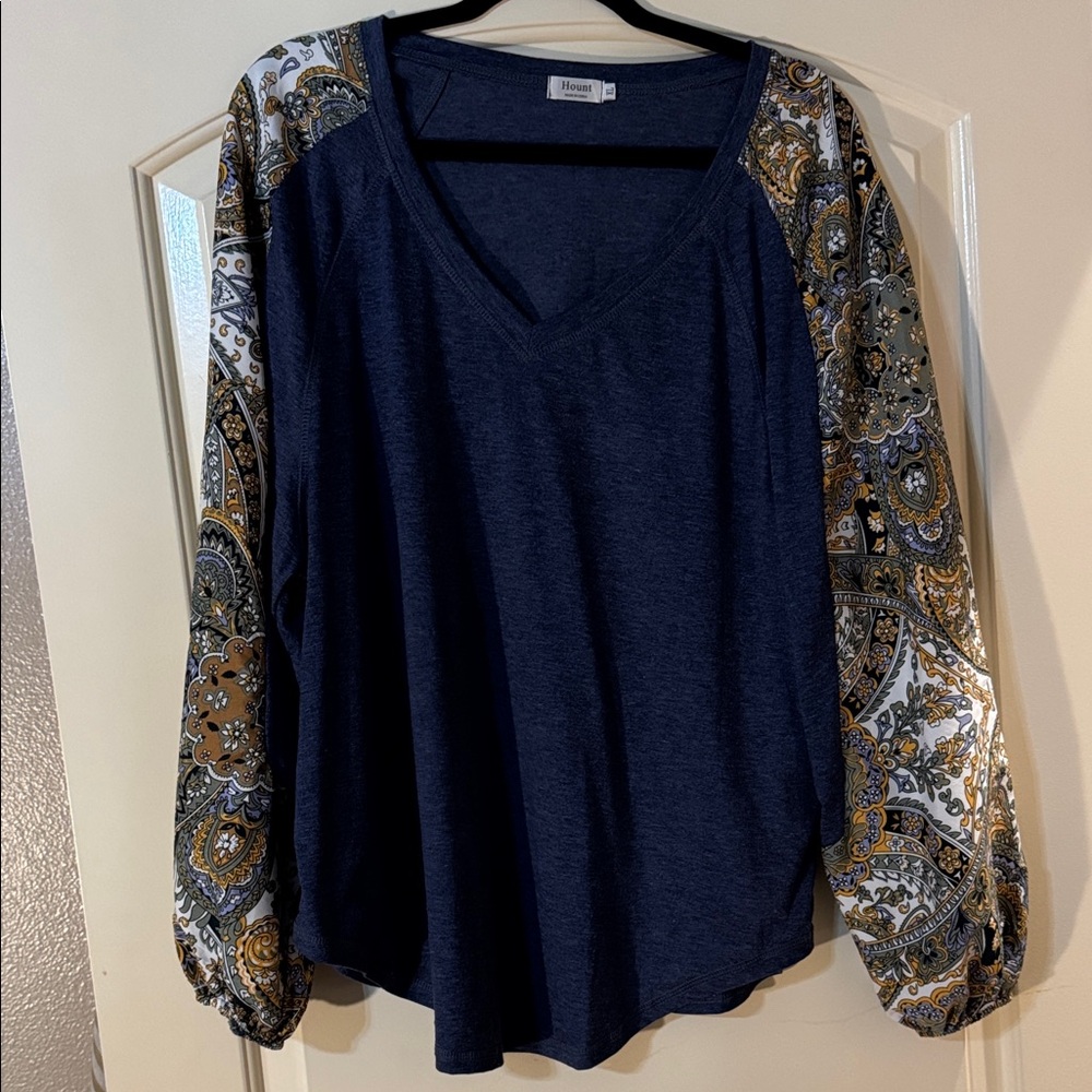 Hount Bohemian V Neck Royal Blue Blouse with Paisley Silk Sleeves XL